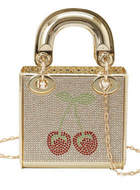 2026新款时尚金色樱桃亮钻口红小方包女链条斜挎包迷你百搭戴妃包