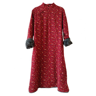 原创佛民国风复古印花宽松棉袍系禅意茶服立领女装加绒加厚连衣裙