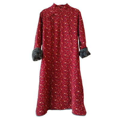 通勤A型棉麻碎花加绒保暖连衣裙