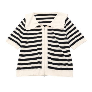 KNgs 夏季日系复古风法式宽松条纹海军领翻领短袖针织衫开衫女