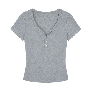 pusumede清新抹茶绿 v领短袖t恤女夏季修身弹力针织气质正肩上衣