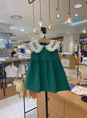 90-130码韩版童装夏款女童宝宝洋气花朵刺绣娃娃领背心裙绿连衣裙