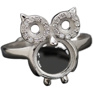 s925银女款戒指托空托猫头鹰可爱活口带钻DIY镶嵌银饰戒面包邮9*9