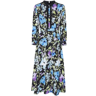 马天春夏蓝色印花法式连衣裙长袖收腰洋气长裙时尚女装裙子