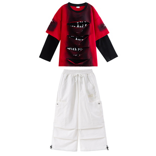 儿童街舞演出服节日舞台表演女童男童喜庆舞蹈服装红色假两件上衣