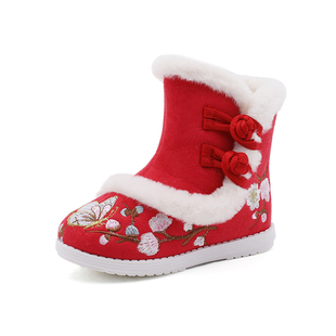 儿童汉服鞋2025冬季新款棉靴加绒拜年鞋子女童马面裙鞋古风绣花鞋