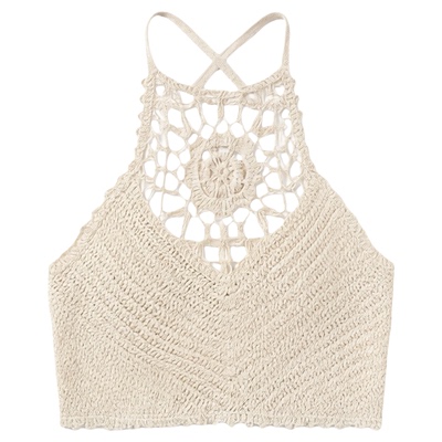 Solid color hollow hanging neck backless top镂空挂脖露背上衣
