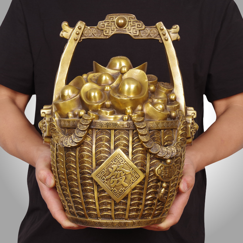 一桶金摆件黄铜创意复古铜缸聚宝盆房间客厅办公室客厅酒柜装饰品