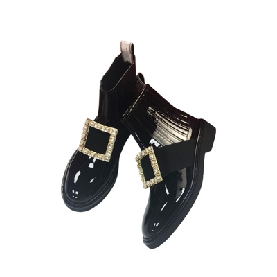 RV真皮钻扣切尔西靴欧洲站开边珠亮面短靴套筒低跟侧方扣女鞋