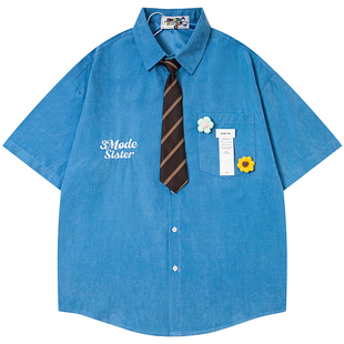 OV原创夏季美式学院风领带设计短袖衬衫男女宽松休闲百搭情侣衬衣