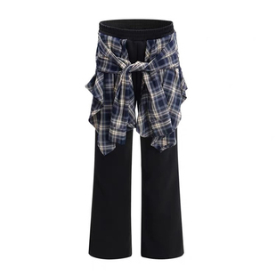 300斤特大码美式街头风阔腿裤女胖mm格纹拼接宽松慵懒风休闲裤子