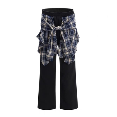 特大码女装美式穿搭格纹阔腿裤女