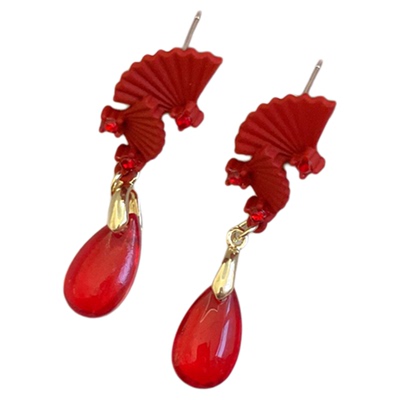 红色双扇耳环新中式古风国风