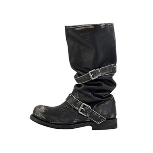 2025新款韩系复古做旧皮带扣中筒骑士靴女厚底堆堆靴短靴时尚靴子