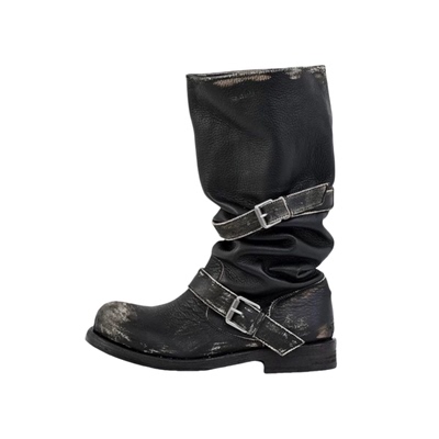 韩系复古做旧皮带扣中筒骑士靴女