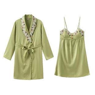 NoirTease春夏季薄款性感丝质睡袍女士刺绣系带短款浴袍家居服