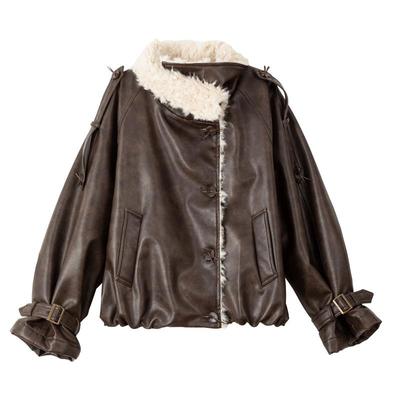 KEIKO羊羔毛绒翻领夹棉加厚皮衣