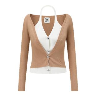 【明星同款】ODTD新款挂脖假两件上衣修身肌理打底衫无龄感极简风