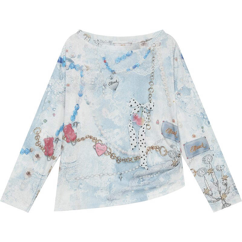 妖精的口袋满印一字肩针织衫女2026年春夏新款设计感慵懒小众上衣