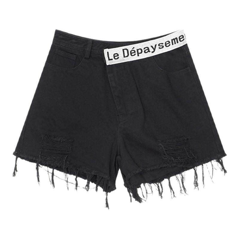 Le Depaysement闪闪腰带牛仔短裤性感高腰显瘦流苏破洞毛边小短裤