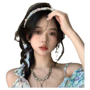 刘亦菲同款发带女飘带碎花丝巾夏季珍珠丝巾头巾编发一体发箍头饰