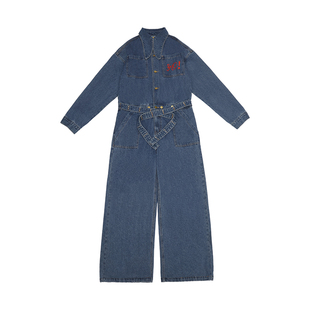 哟酷酷（流浪嬉皮）秋季小众设计款牛仔连体衣女刺绣字母设计套装