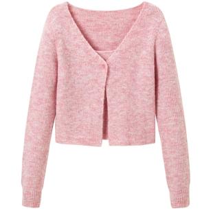 乐町大领背心开衫两件套女春季清甜格雷系针织衫修身上衣