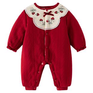 班喜迪婴儿衣服冬装连体衣女宝宝百天周岁礼服加绒哈衣过年拜年服