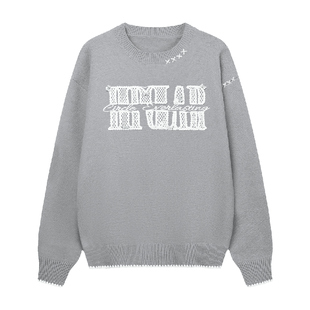 BIPOLAR水溶蕾丝纽扣圆领毛衣情侣装国潮百搭秋冬打底针织上衣男