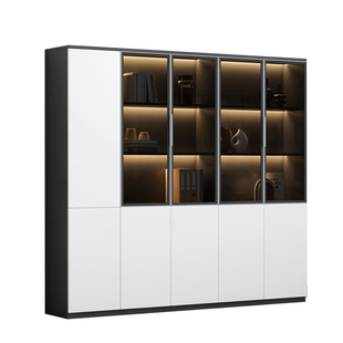 现代简约玻璃门文件柜办公书柜储物柜带灯带暖白人造板5层