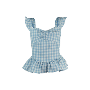 迟伞伞 盛夏告白 蓝白格纹系带小飞袖上衣&蝴蝶结v领连衣裙短裙夏
