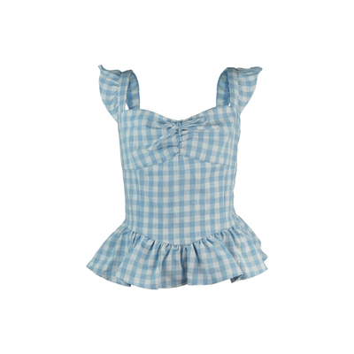 蓝白格纹小飞袖上衣+连衣裙