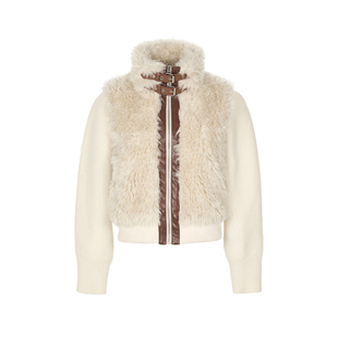 Amee复古摩登 羊羔毛拼接针织毛衣外套 立领系带设计感撞色开衫