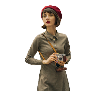 MP英伦复古原创设计 音乐文学女生bi备艺术人生格子A字长袖衬衫裙