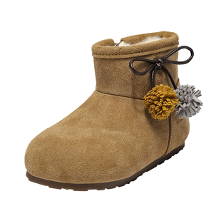 百丽童鞋2025冬新款女童复古时装靴百搭保暖加绒棉靴儿童短靴棉靴