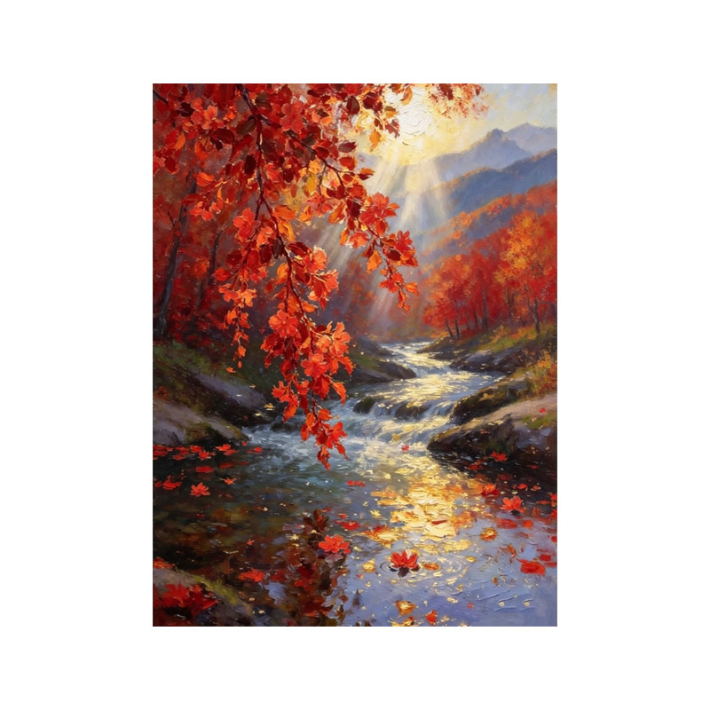可班手绘油画秋山流水背景装饰画