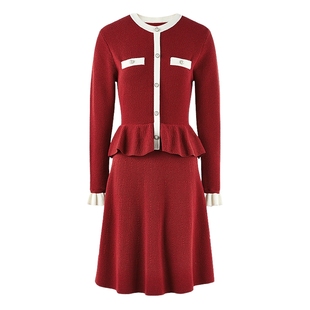 秋水伊人圆领袖口荷叶边红色连衣裙2025冬季新款女装气质优雅裙子