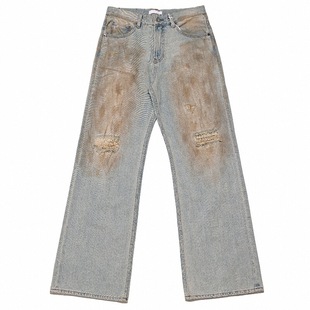 Selfness Vintage 2021M复古摸脏破洞宽松直筒阔腿微喇做旧牛仔裤