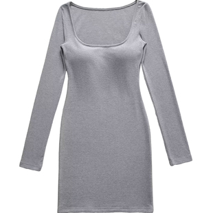 棉洋 美式简约方领长袖修身短款连衣裙 纯欲带胸垫弹力包臀打底裙