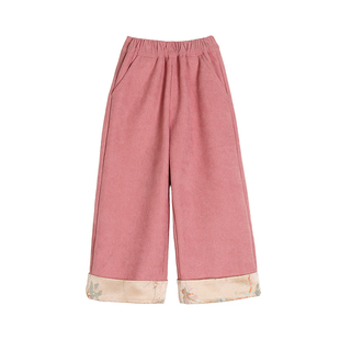 小O宝童装 女宝宝国风阔腿裤拼接2026新款女童加绒新中式直筒裤