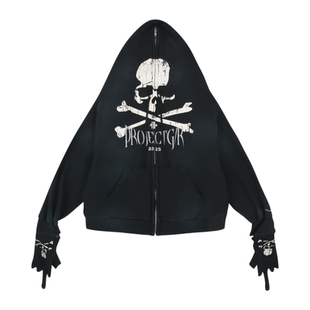 Grailz Project GR美式潮牌暗黑风骷髅印花拉链开衫休闲连帽卫衣