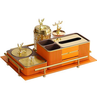 茶几收纳盒纸巾盒托盘套装现代轻奢家用抽纸盒软装饰品水晶球摆件