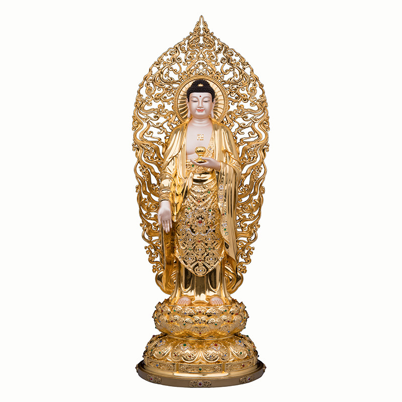 典藏西方三圣佛像黄铜贴金阿弥陀佛观世音菩萨大势至站宝莲摆件