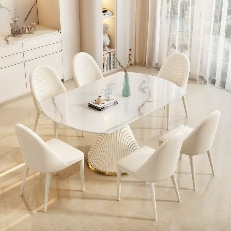 8V轻奢伸缩奶油风亮光岩板餐桌小户型家用现代简约轻奢圆桌折叠两