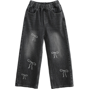 诺诺公主S1N初中生秋Y2K裤子蝴蝶结牛仔裤女格雷系蝴蝶结印花显瘦