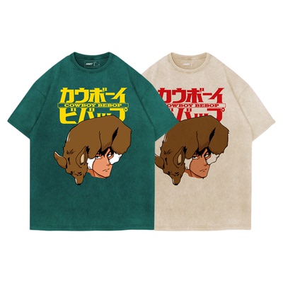 TEE7-星际牛仔COWBOY爱尔兰柯基日系原宿水洗做旧动漫纯棉短袖T恤