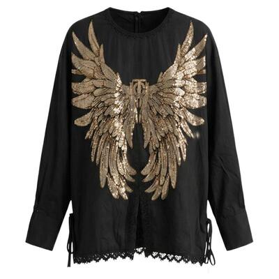 TCH重工烫钻翅膀黑色开叉圆领衬衫上衣女2026春季新款T78A13E1046