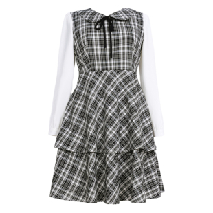 大码女款2026春胖MM娃娃领200斤减龄格子拼色小翻领学院风连衣裙