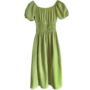 特价|牛油果绿温润缎面质感松紧腰带泡泡袖可露肩法式连衣裙长裙