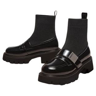 百思图黑天鹅冬商场新款加绒乐福连袜靴女弹力瘦瘦短靴VUN06DD4